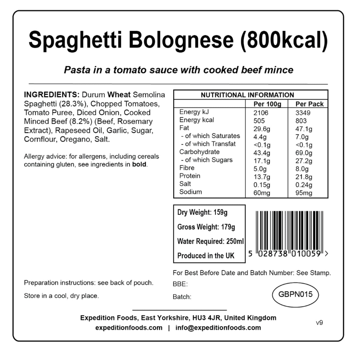 Expedition Foods Spaghetti Bolognese (800kcal), dried camping food pack