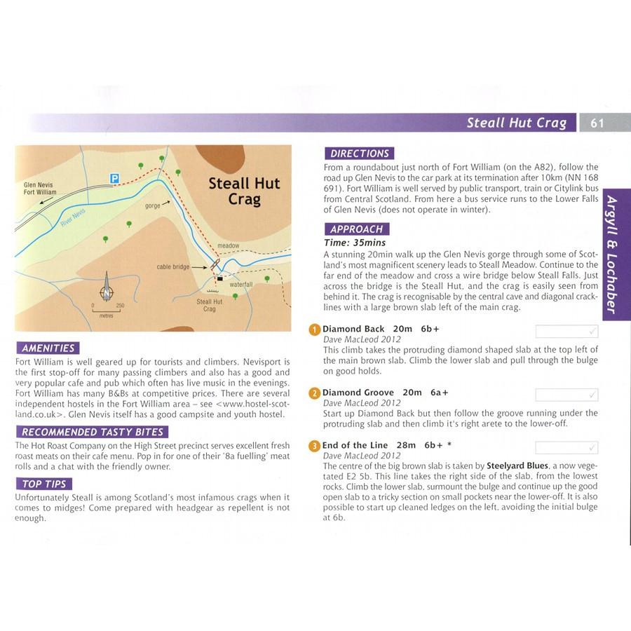 Scottish Sport Climbs guide, insode page examples showing maps and topos