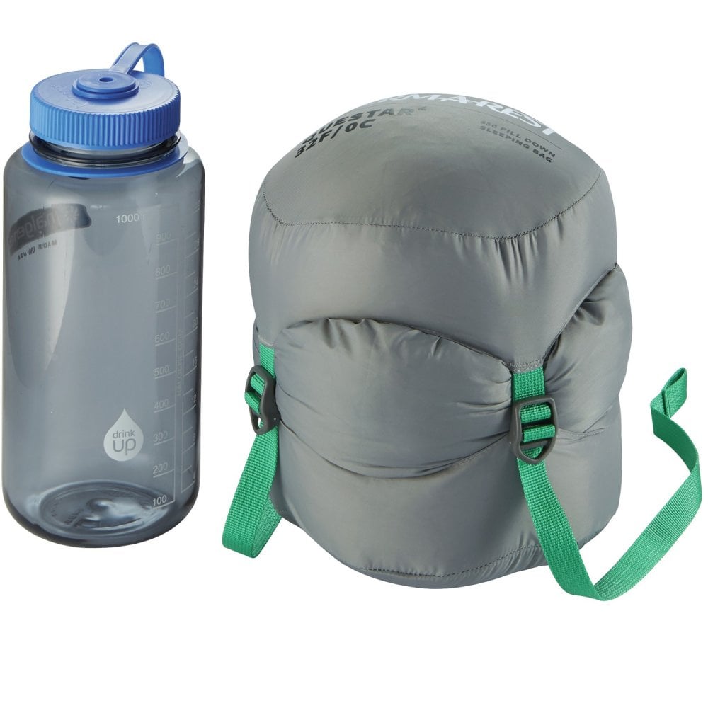 packed up Thermarest Questar 32F/0C sleeping bag in dark green next to nalgene