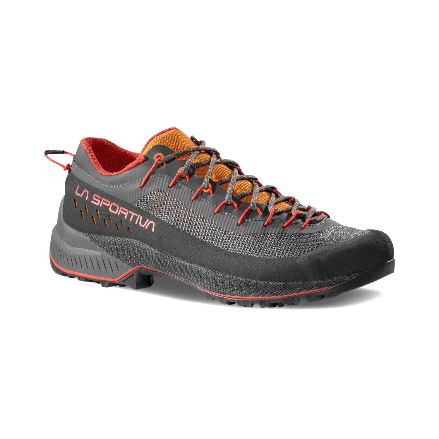 Gray and orange running shoe with 'La Sportiva' branding on a white background