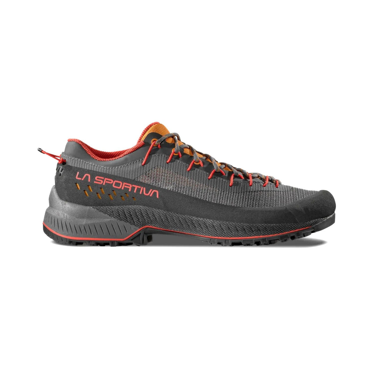 Gray running shoe with red accents on a white background