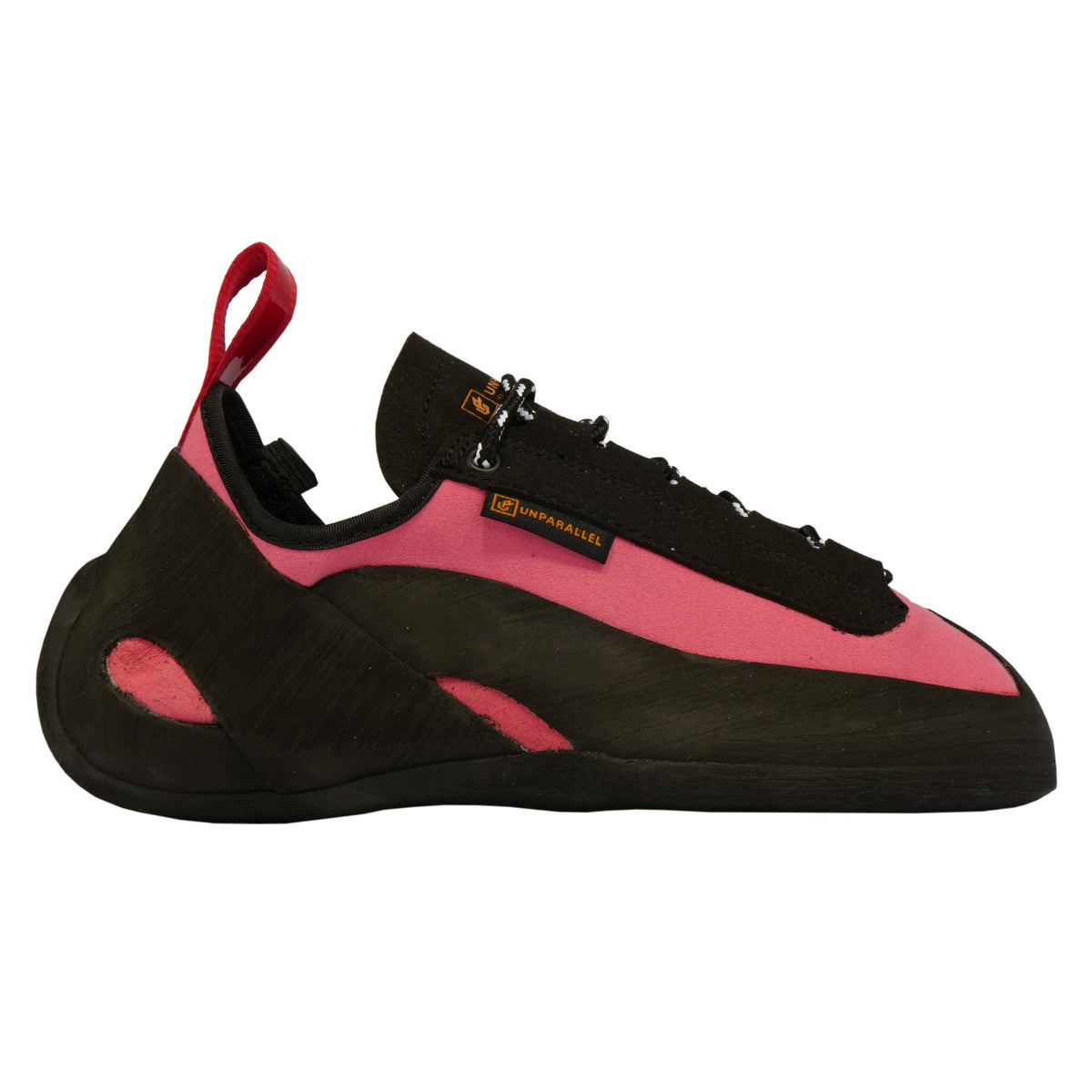 Unparallel Up Lace LV climbing shoe in pink showing the lace up closure and rear pull tab