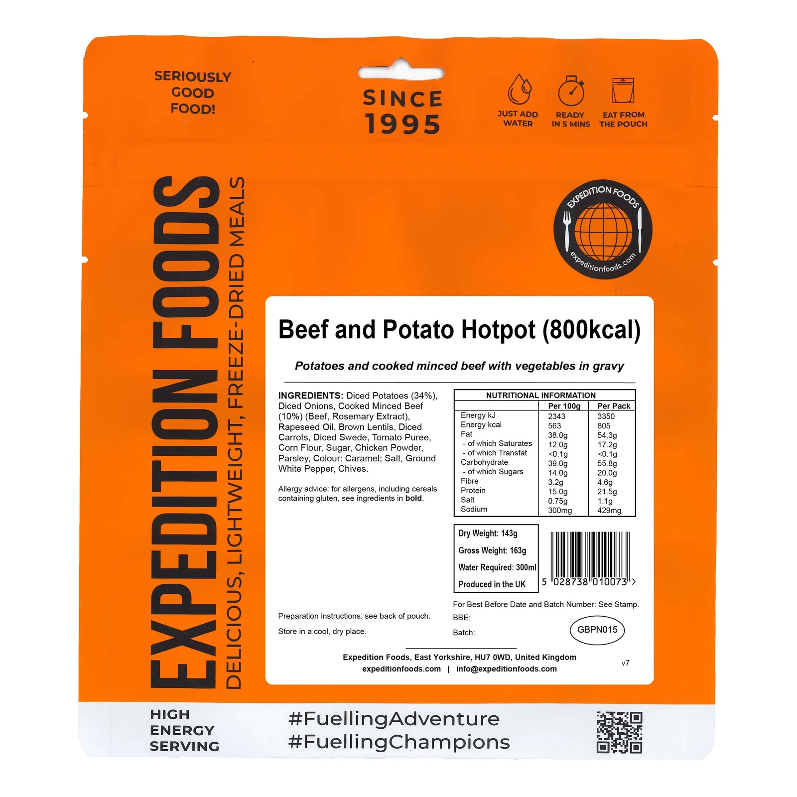 Beef and Potato Hotpot (800kcal) in the orange and grey packaging 