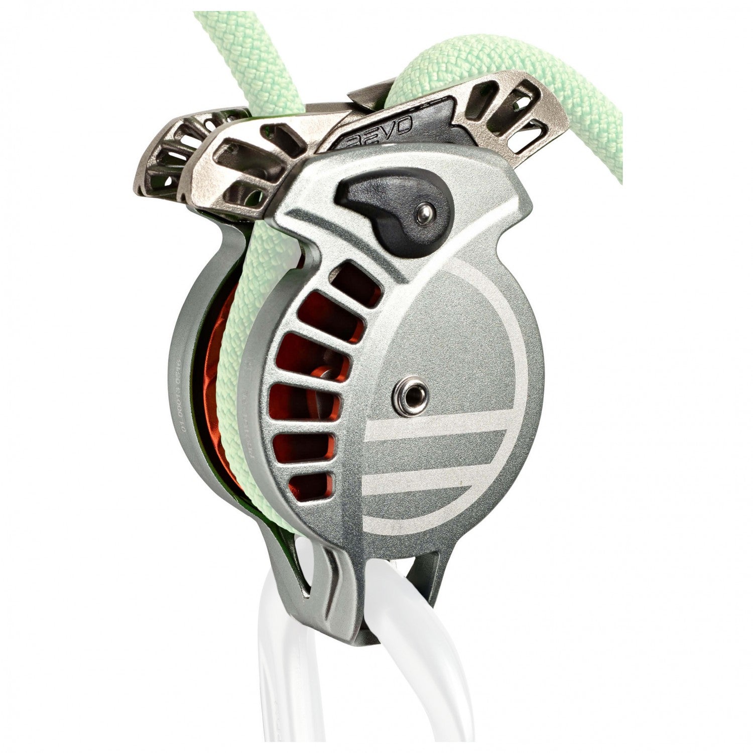 Wild Country REVO belay device, shown in use with a green rope and silver carabiner