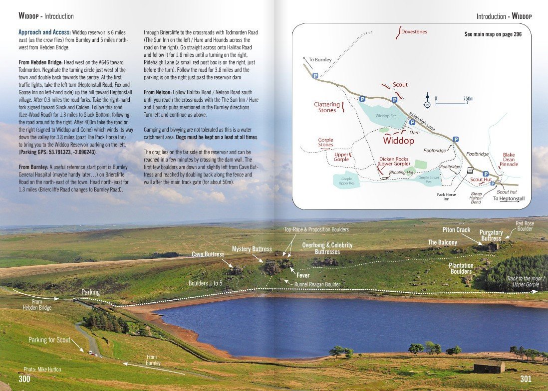Yorkshire Gritstone Volume 2 (YMC) guidebook, example inside pages showing maps and approach info