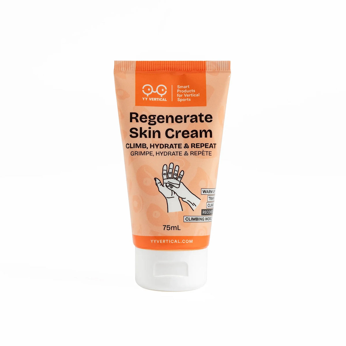 A 75ml squeeze tube of YY Vertical Regenerate Skin Cream, featuring an orange and peach design with a white cap, shown against a plain white background.