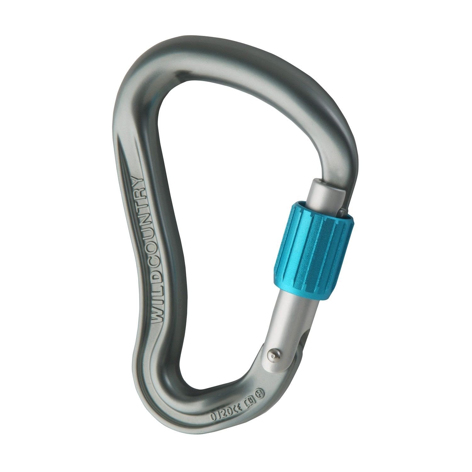 Wild Country Ascent Lite climbing carabiner, in gun metal grey colour with a blue screwlock