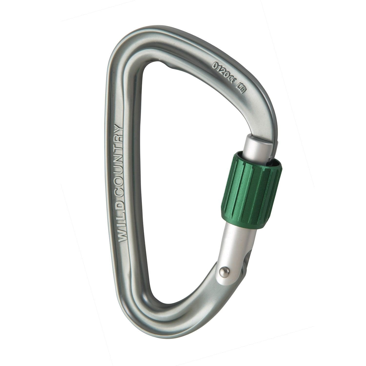 Wild Country Eos Screwgate climbing Carabiner, in silver colour with a green screwlock