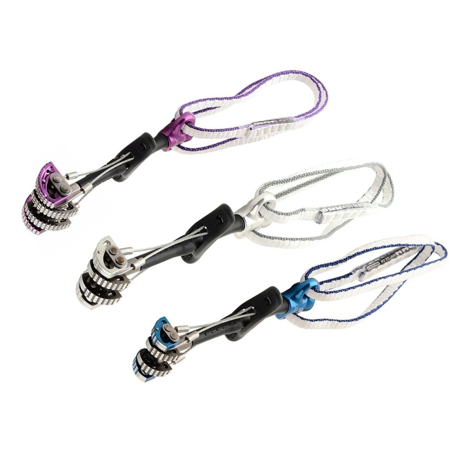 DMM Dragon climbing cam set in sizes 00 (Blue), 0 (Grey), and 1 (Purple), shown side by side