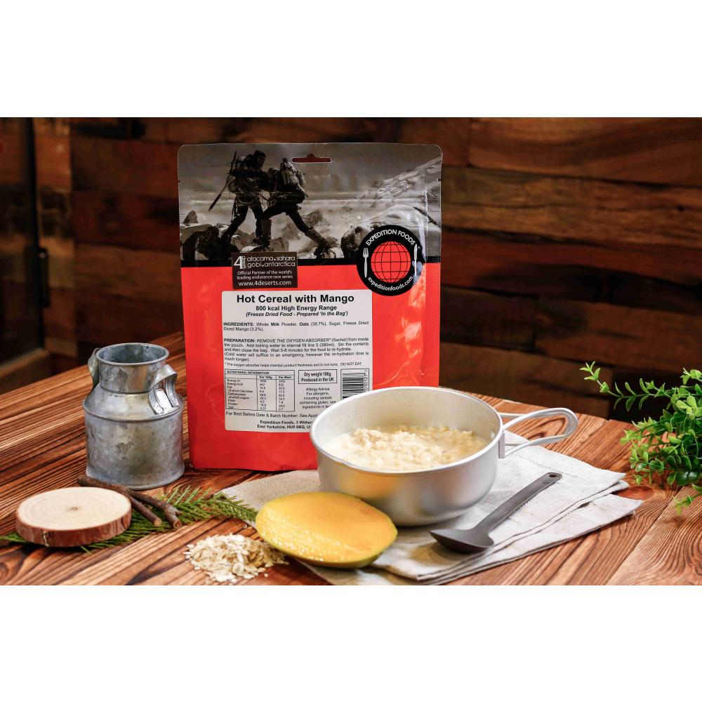 Expedition Foods Hot Cereal with Mango pack, shown on table with bowl and spoon