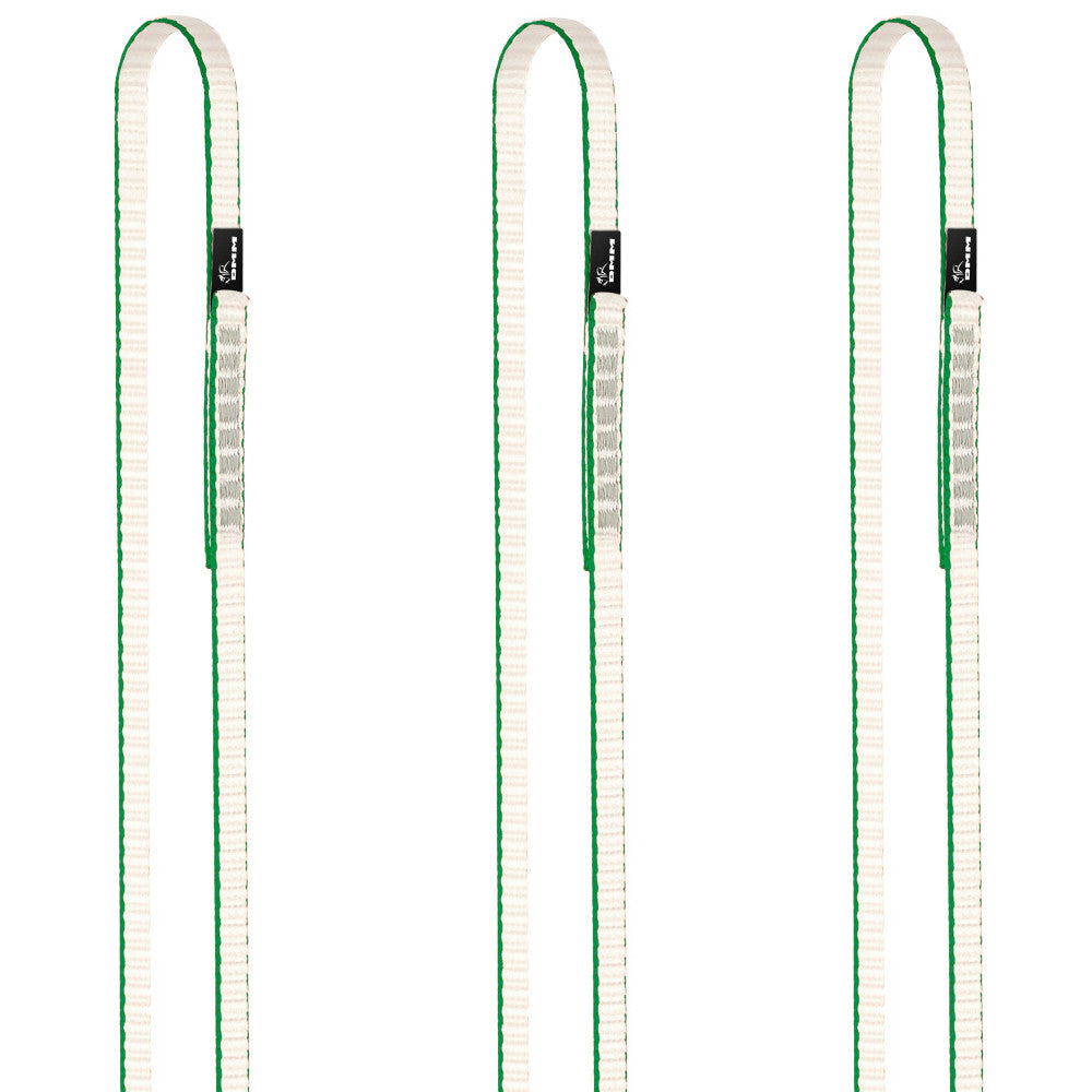 DMM Dyneema climbing Sling 11mm x 240cm 3 pack, shown side by side in green/white colour