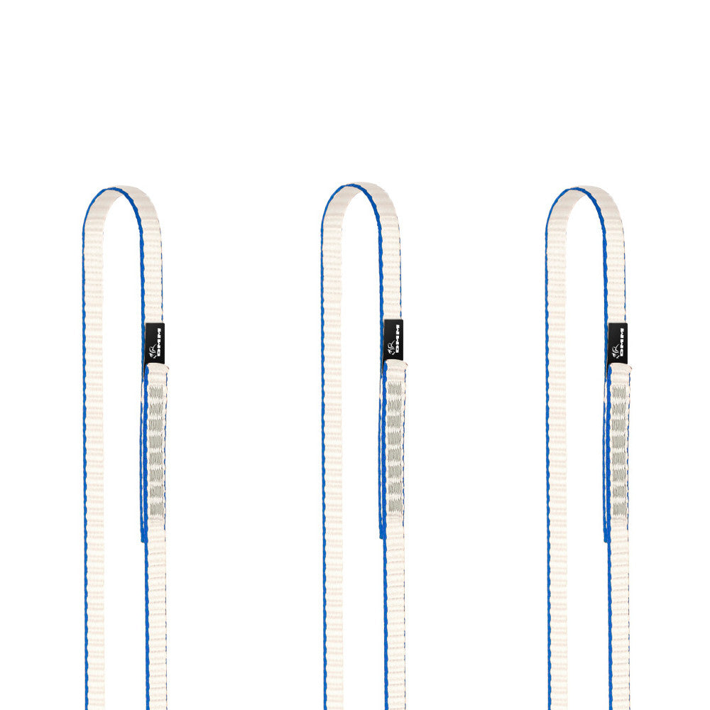 DMM Dyneema climbing Sling 11mm x 60cm 3 pack, shown side by side in blue/white colour