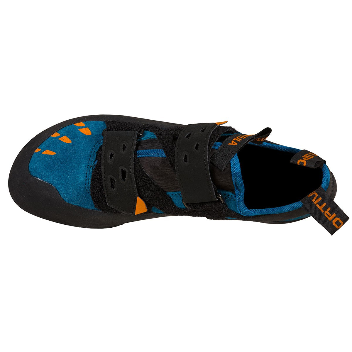 La Sportiva Tarantula in space blue/maple. view from above showing upper