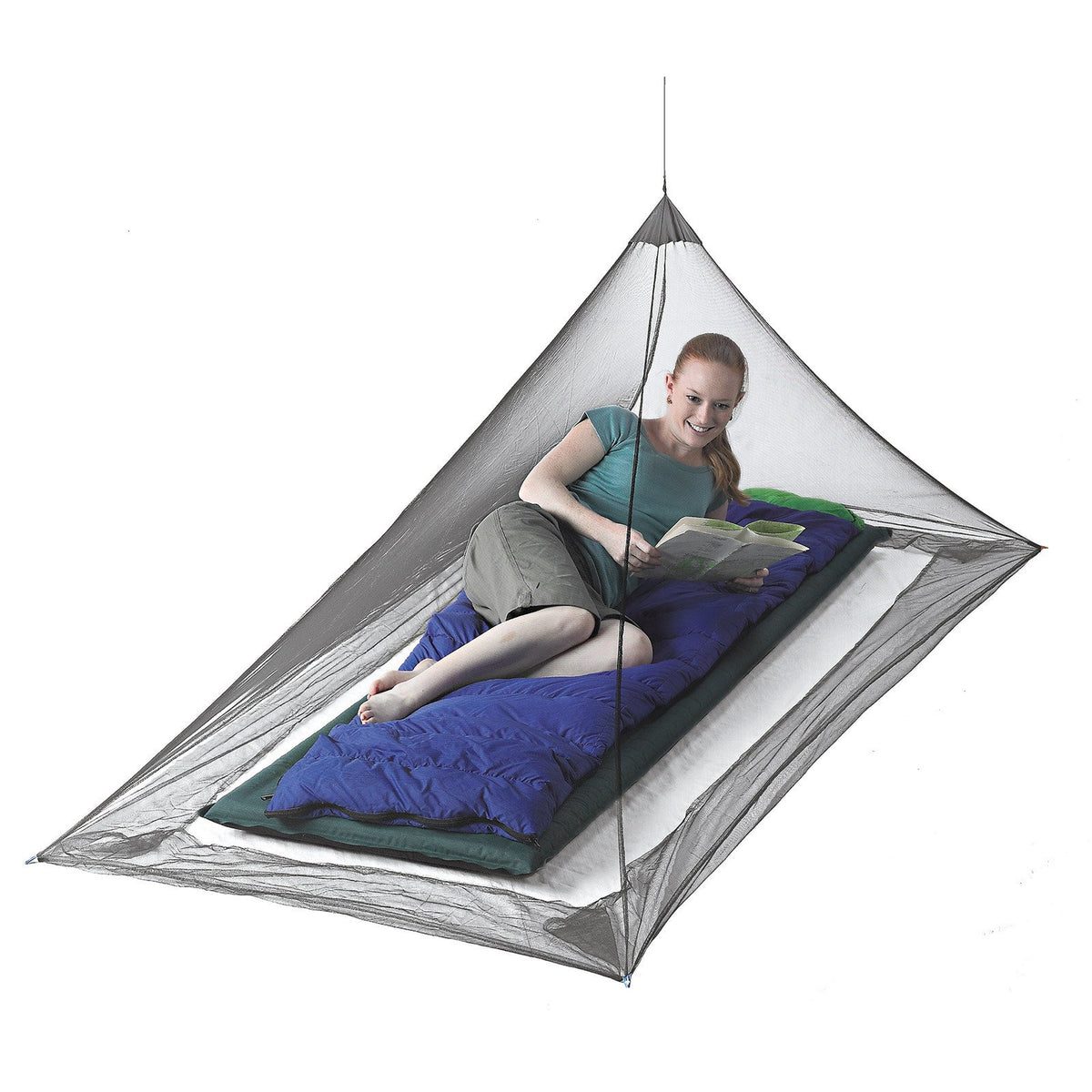 Sea to Summit Mosquito Pyramid Net Single, showing in use over a single mattress with lady on it