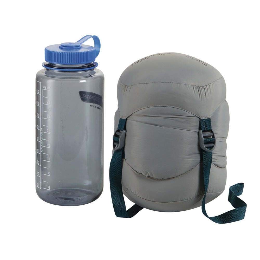 Thermarest Hyperion 32 UL in Dark green packed up next to nalgene
