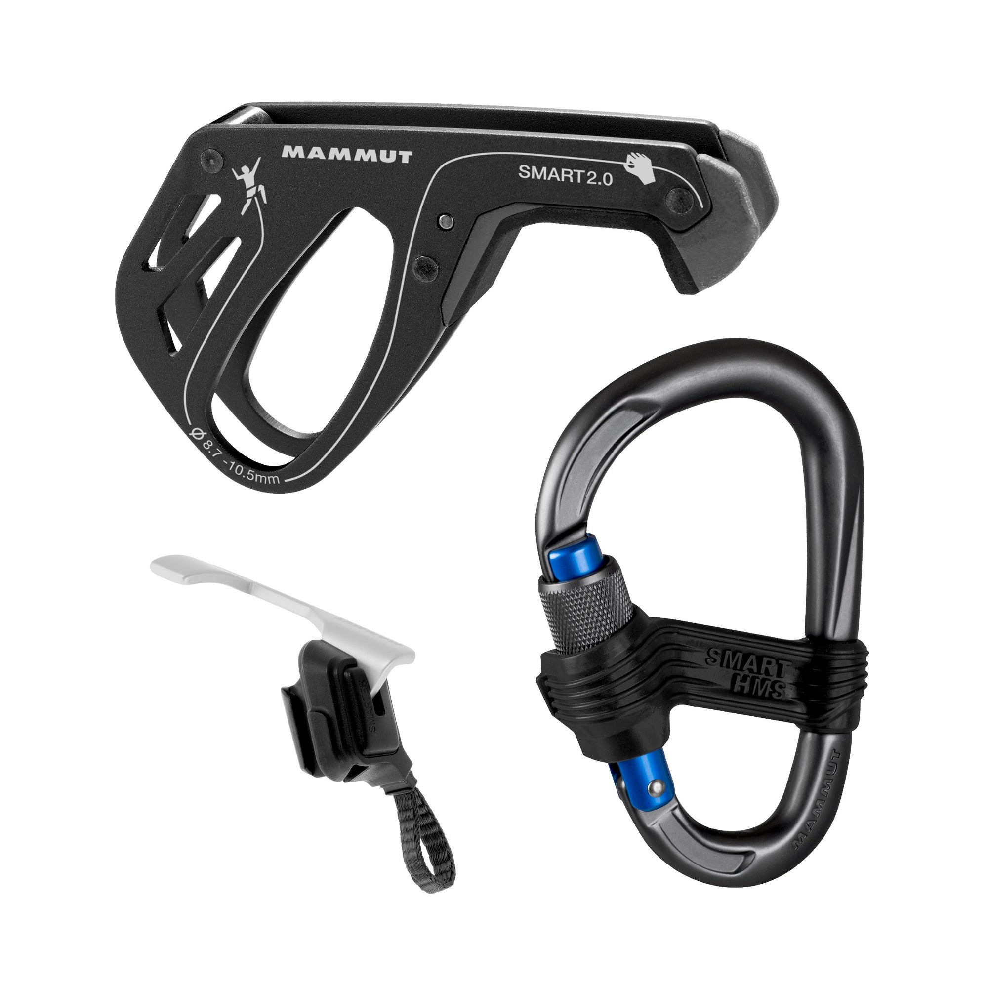Mammut Smarter 2.0 Belay Package, showing the carabiner, belay device and safety gate individually
