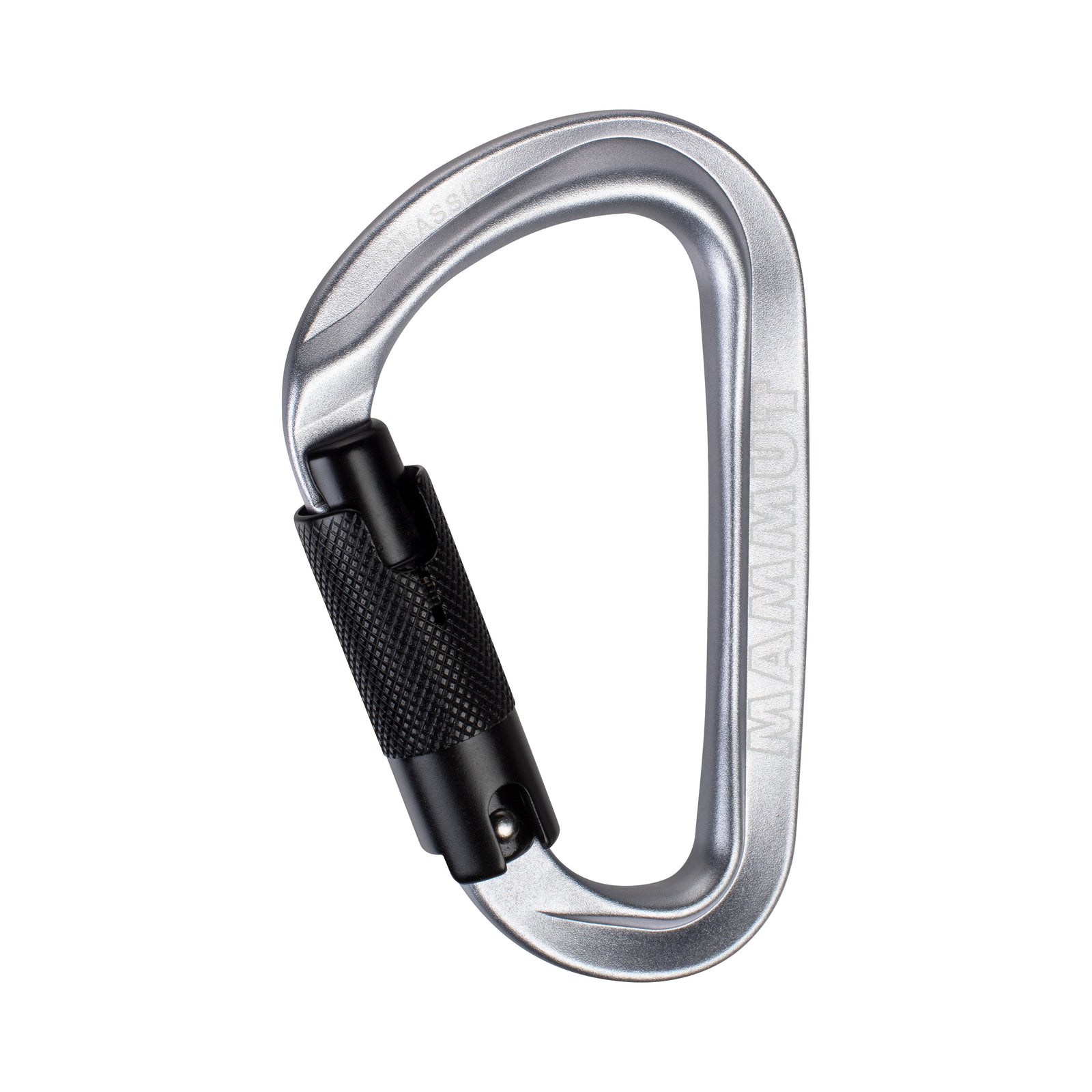 A silver-colored Mammut Classic HMS Twistlock Plus carabiner with a black twist lock.