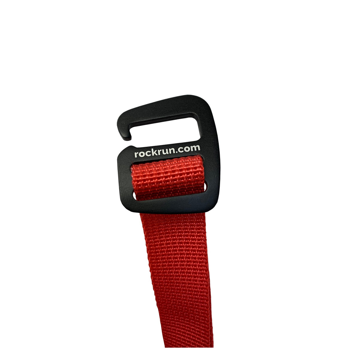 Rock + Run G-Hook 20mm, in black, in use on red piece of webbing