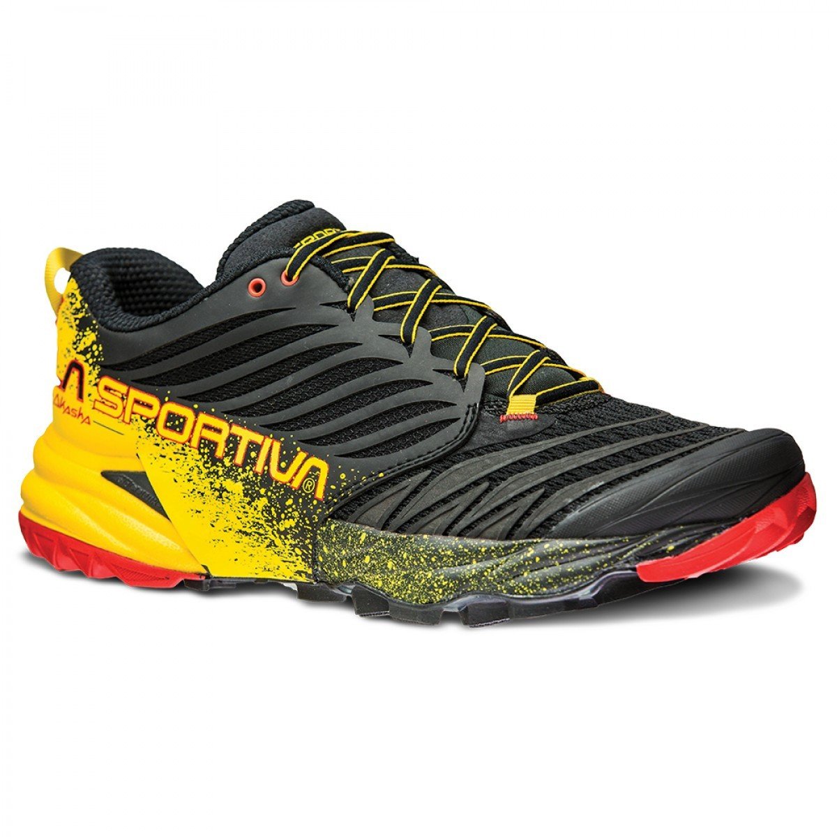 La Sportiva Akasha running shoe, outer side view in Black/Yellow/red colours