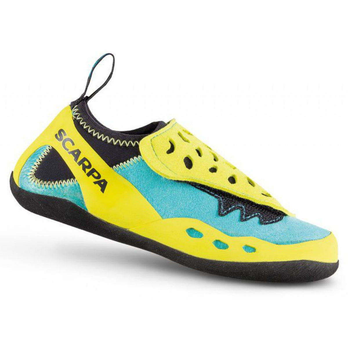 Scarpa Piki Kids climbing shoe, outer side view in yellow, green and black colour