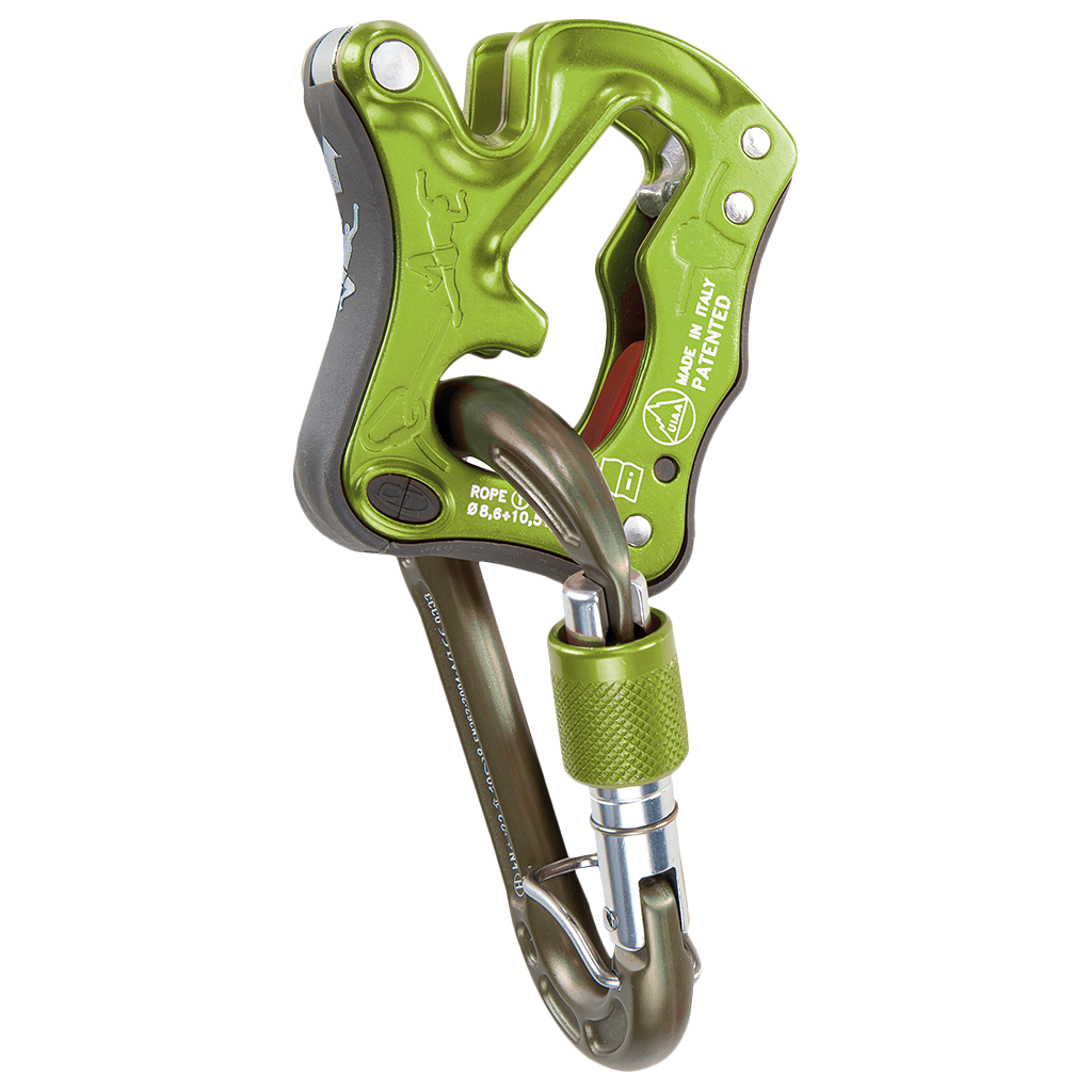 Climbing Technology Clip Up Belay Device in Green, attached to a Carabiner 