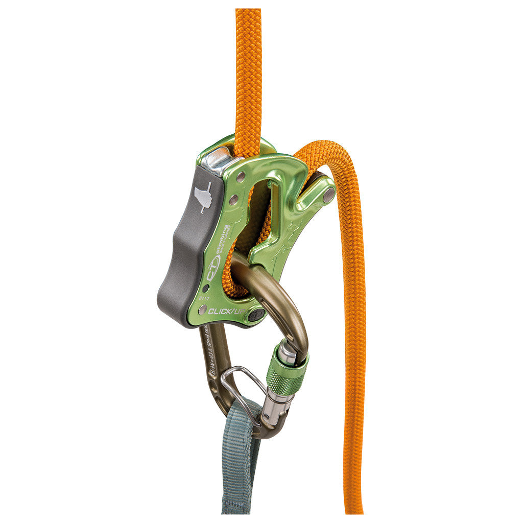 Climbing Technology Click Up belay device in Green colour, shown in use with carabiner and rope