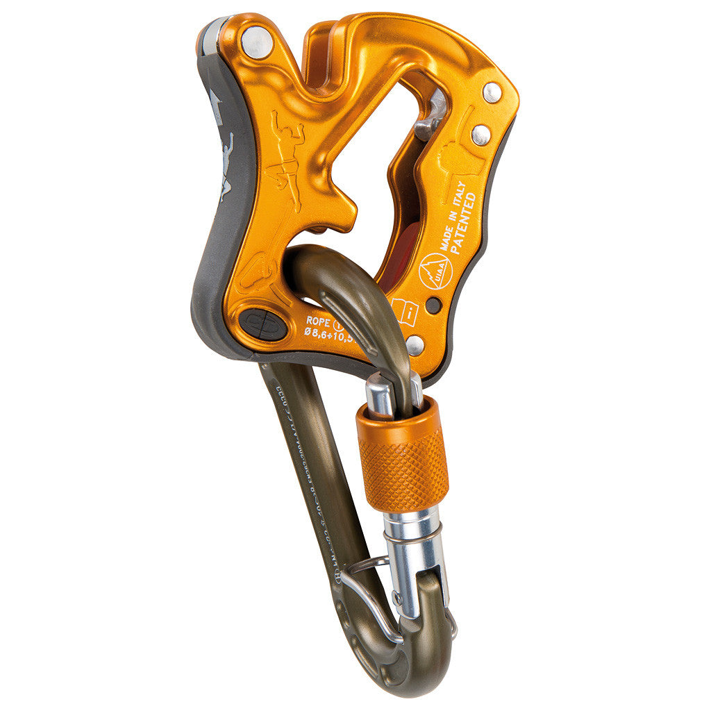 Climbing Technology Clip Up Belay Device in orange, attached to a Carabiner 