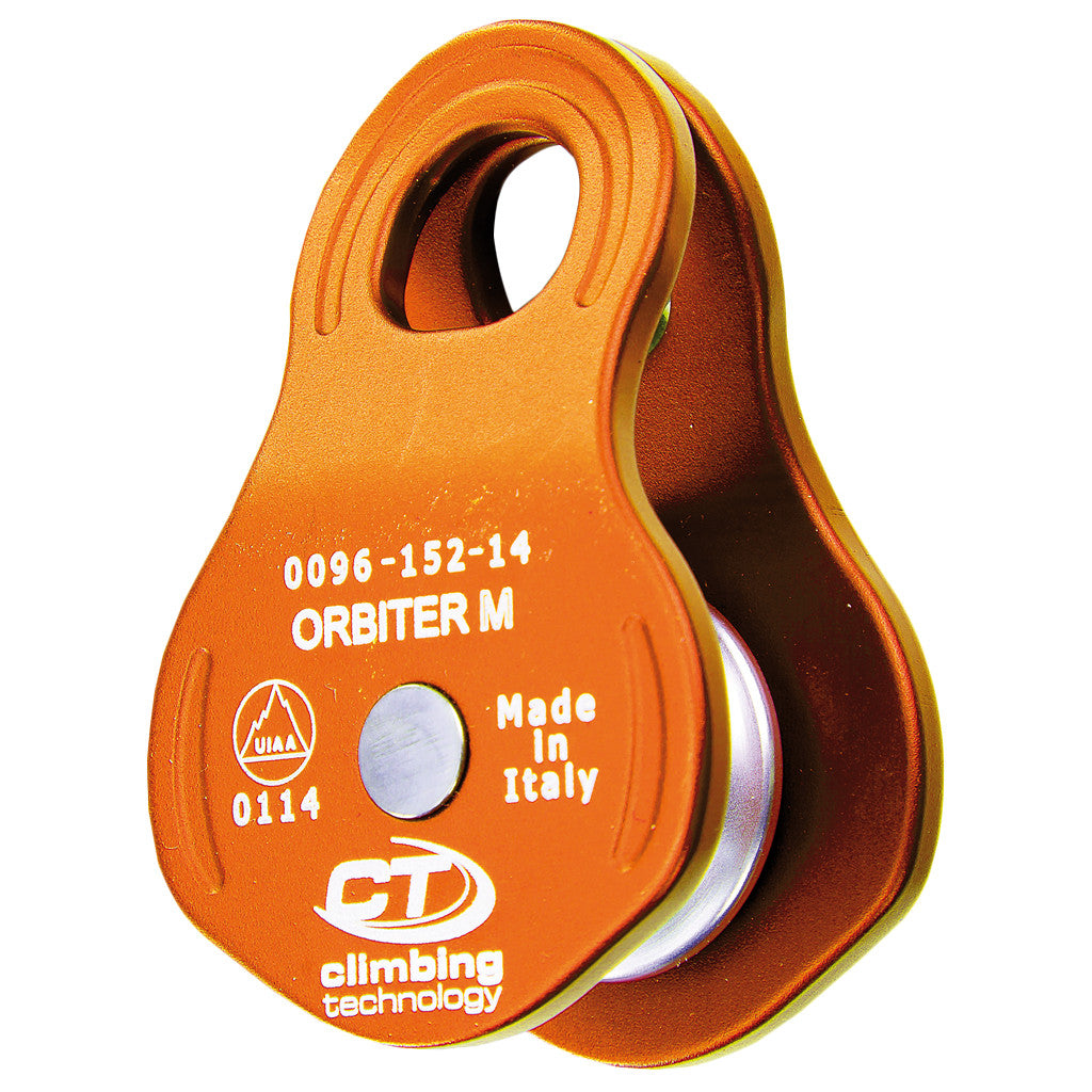 Climbing Technology Orbiter M pulley, front/side view in orange colour