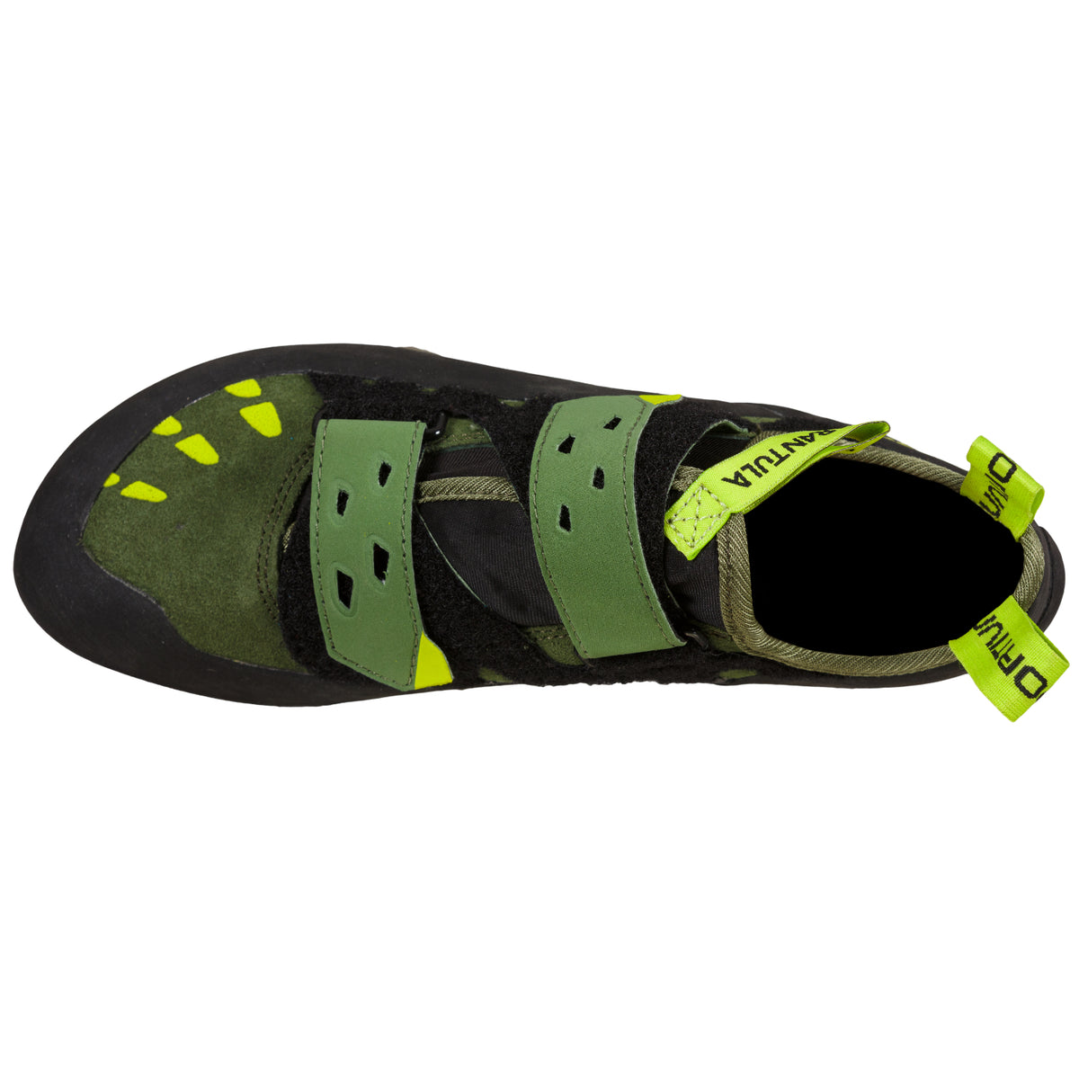 La Sportiva Tarantula in olive/neon colour showing toe and velcro straps