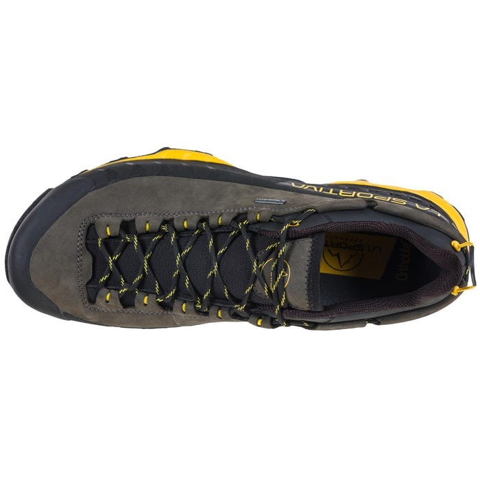 La Sportiva TX5 Low GTX in carbon/yellow. view from above showing upper