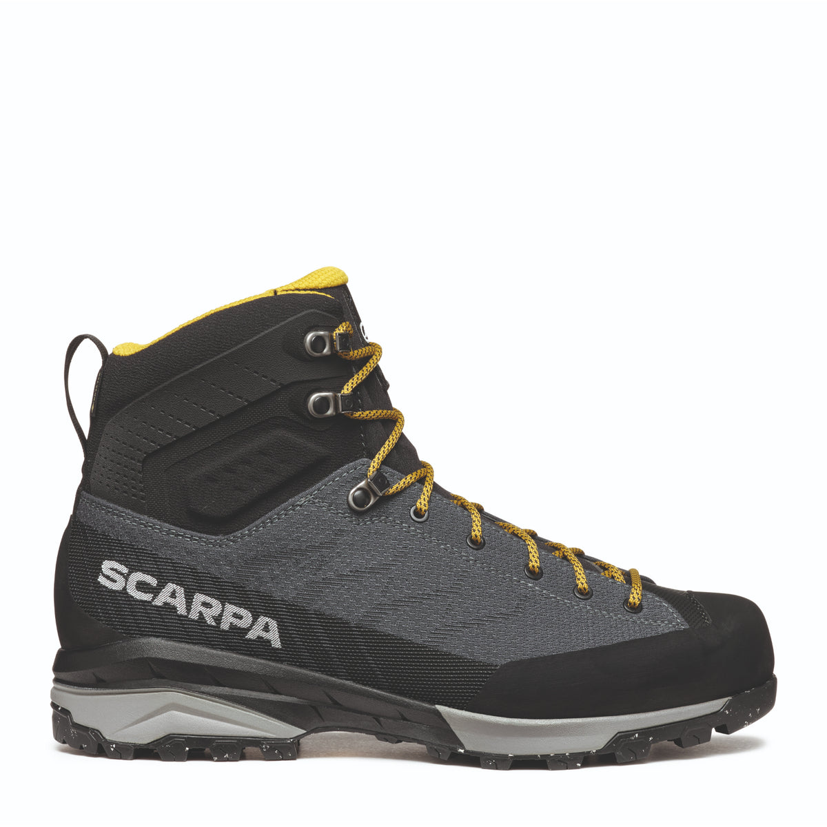 Scarpa Mescalito TRK Planet GTX in grey/curry. side view showing logo