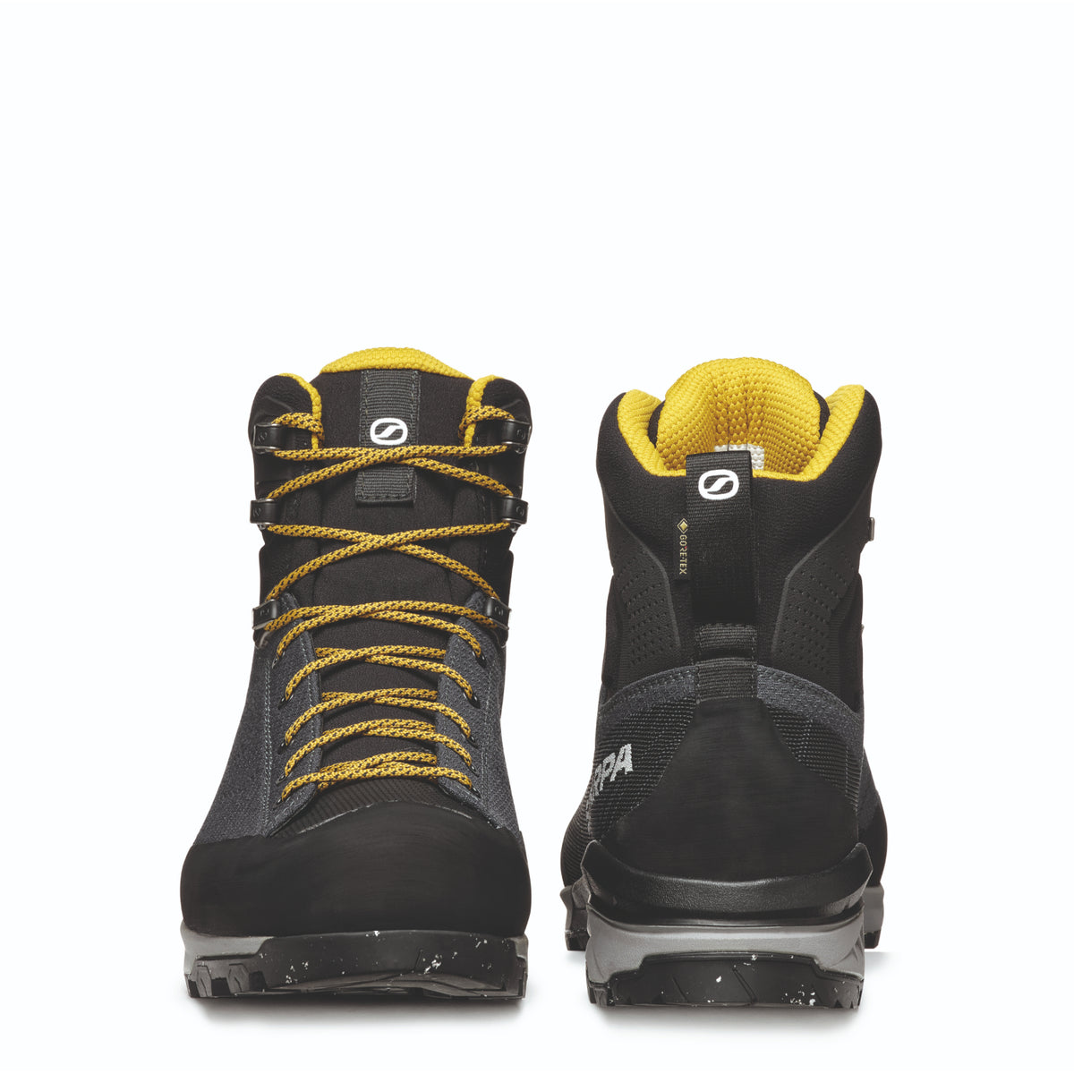 Scarpa Mescalito TRK Planet GTX in grey/curry. showing toe cap, laces and heel