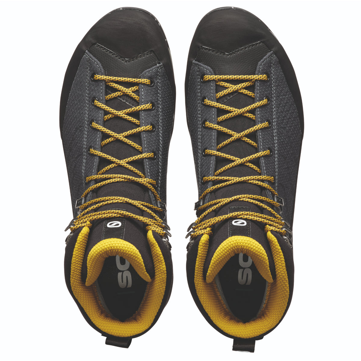 Scarpa Mescalito TRK Planet GTX in grey/curry. birds eye view showing laces