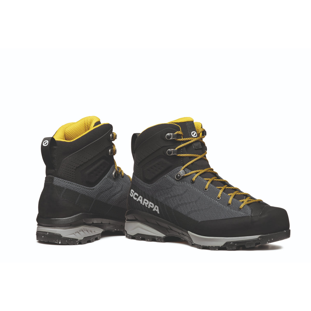 Scarpa Mescalito TRK Planet GTX in grey/curry. side view showing logo
