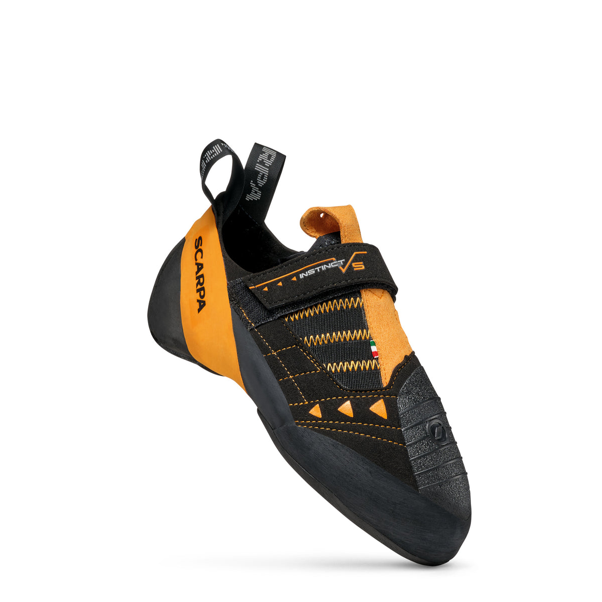 Scarpa Instinct VS climbing shoe in black/orange. side view