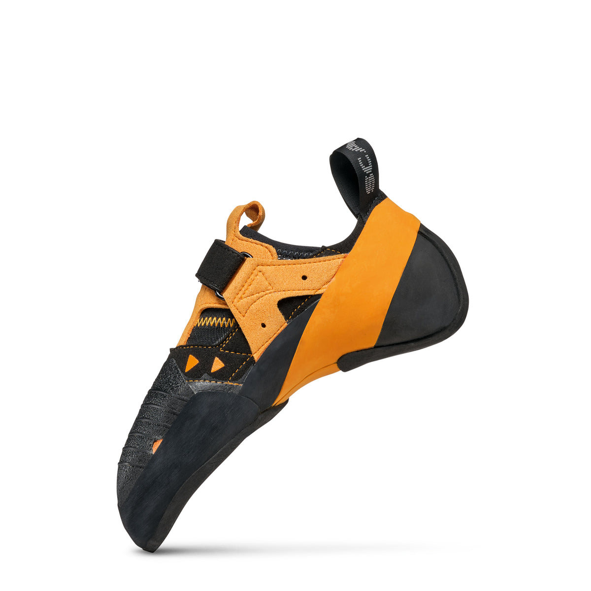 Scarpa Instinct VS climbing shoe in black/orange. side view of the inside outer