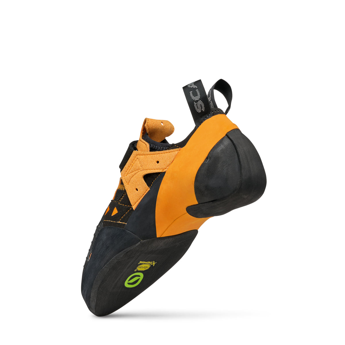 Scarpa Instinct VS climbing shoe in black/orange. rear view
