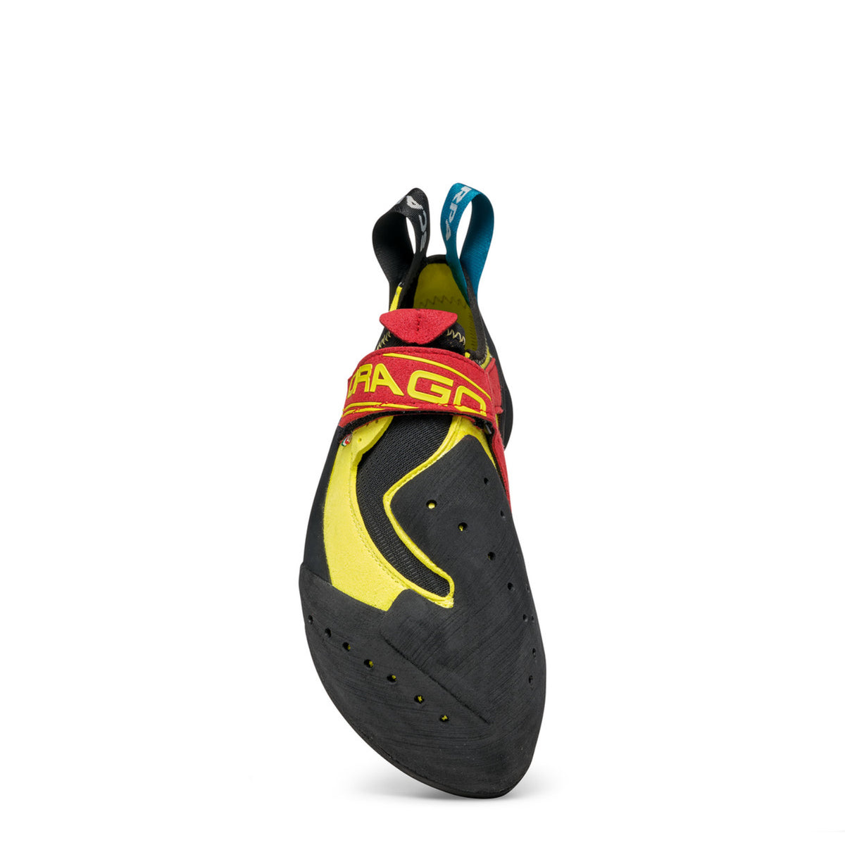 Scarpa Drago climbing shoe, in black and yellow colours showing toe rand