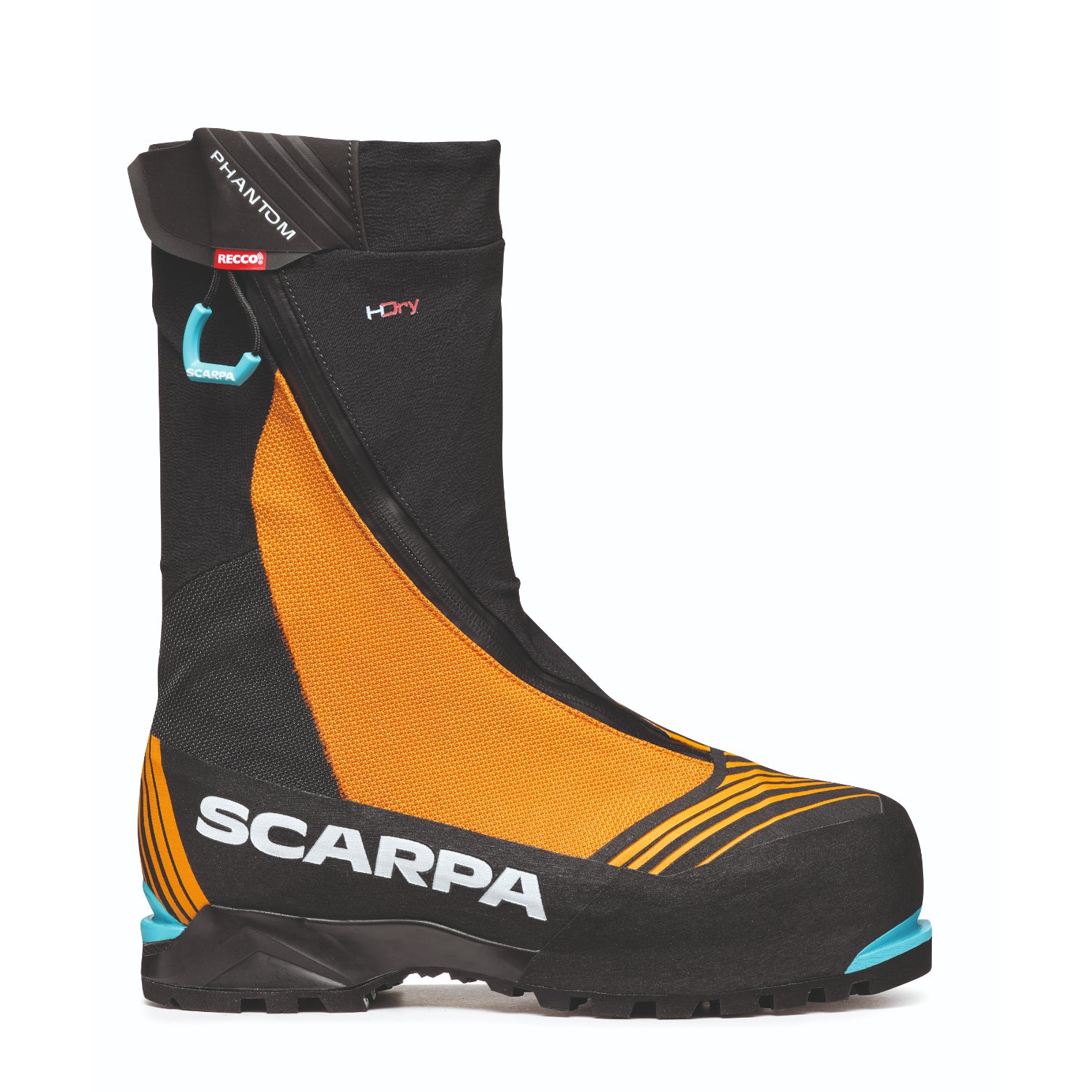 Scarpa Phantom 6000 HD mountaineering boot with Recco technology. Orange and black