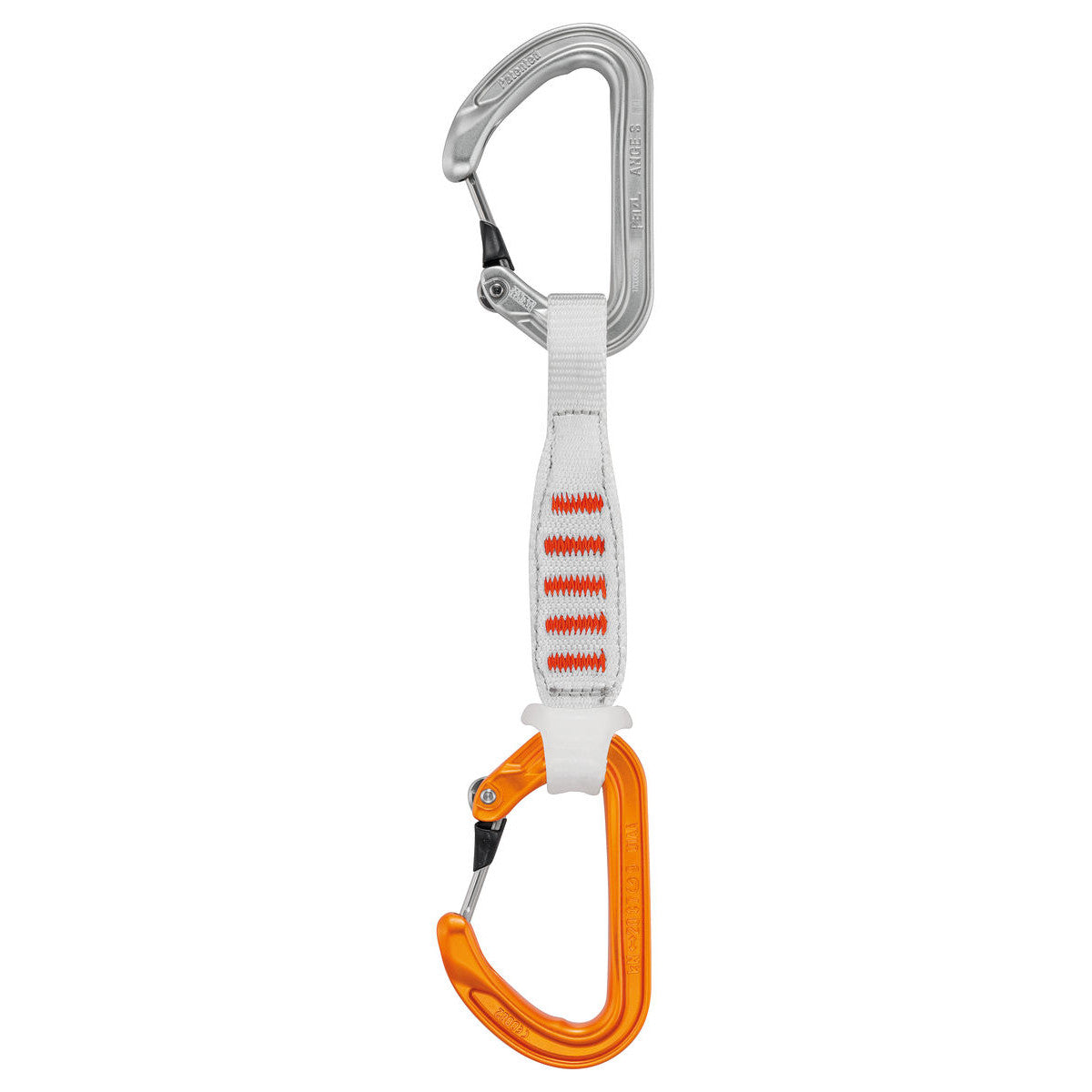 Front view of Petzl ANGE S Finesse 10cm Quickdraw showing one carabiner in silver and one in orange linked by a white dog bone sling with orange stitching.