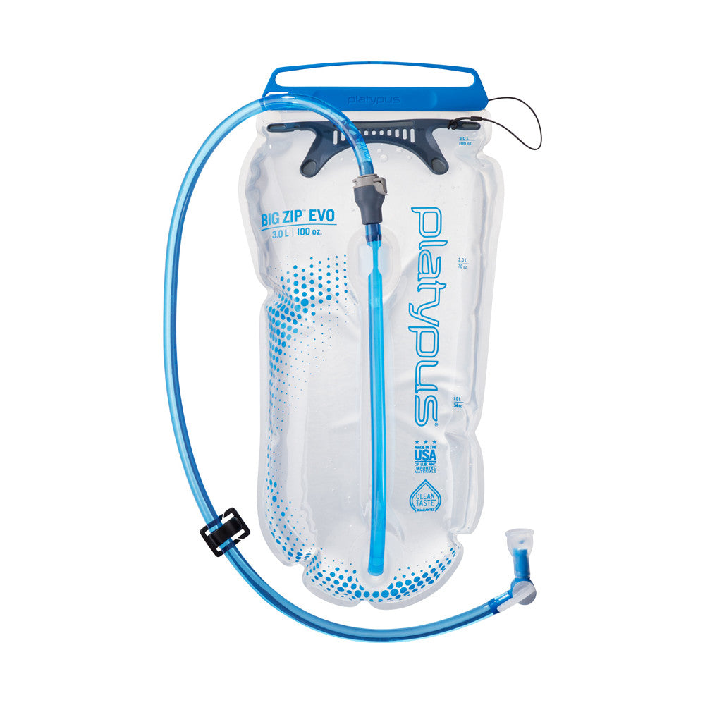 Platypus Big Zip EVO 3L water bladder, front view showing clear bottle with blue logo