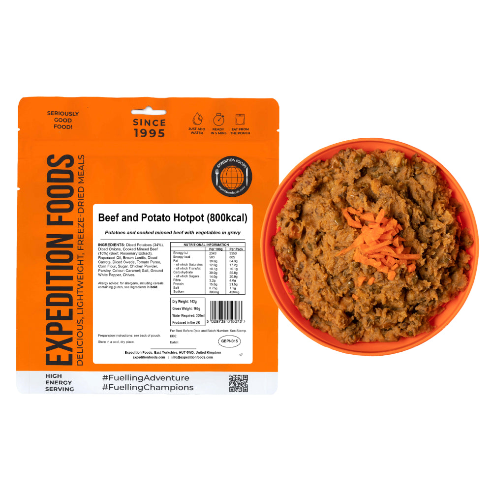 Beef and Potato Hotpot (800kcal) in the orange and grey packaging 