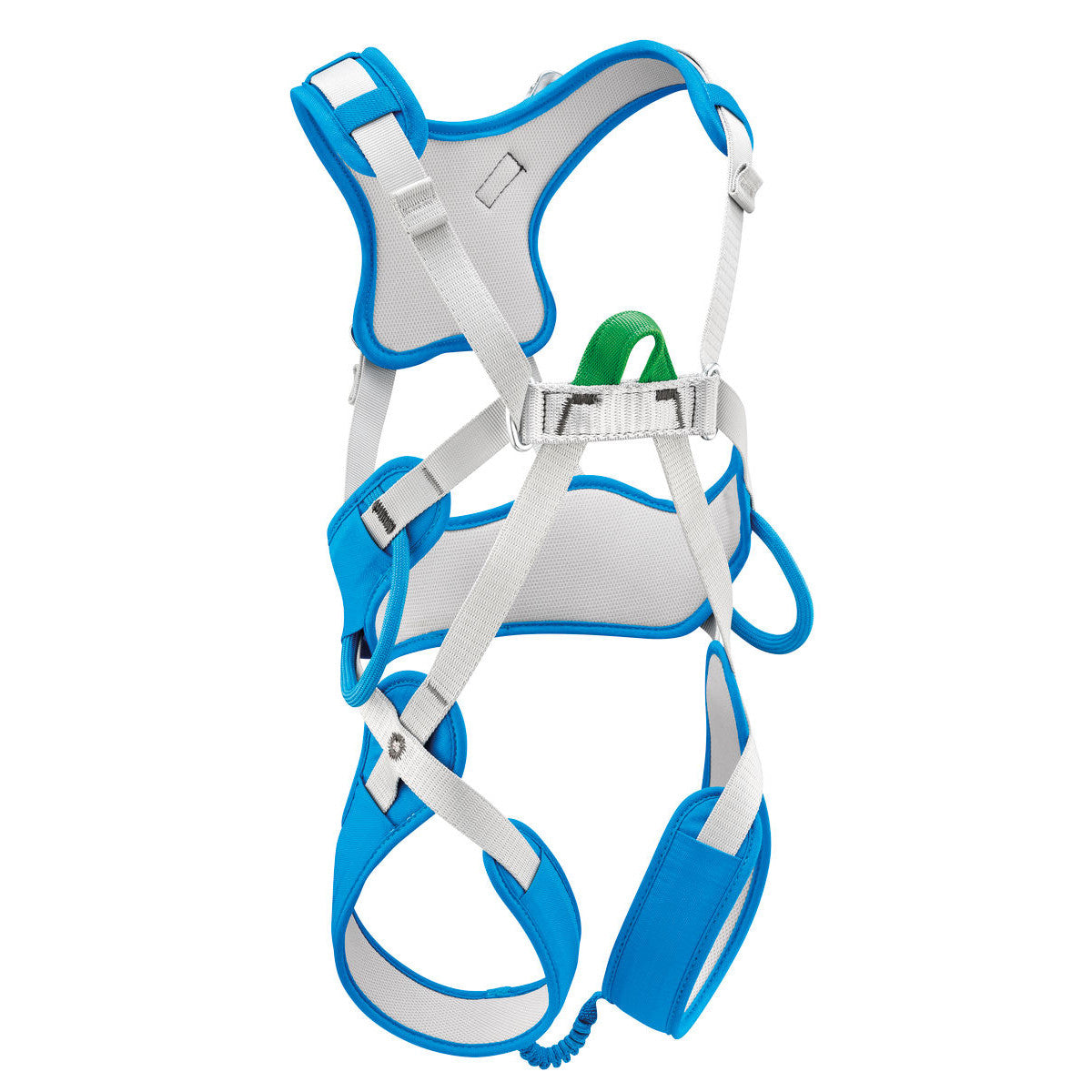 Petzl Ouistiti Kids climbing Harness, front/side view, in Blue and Grey colours