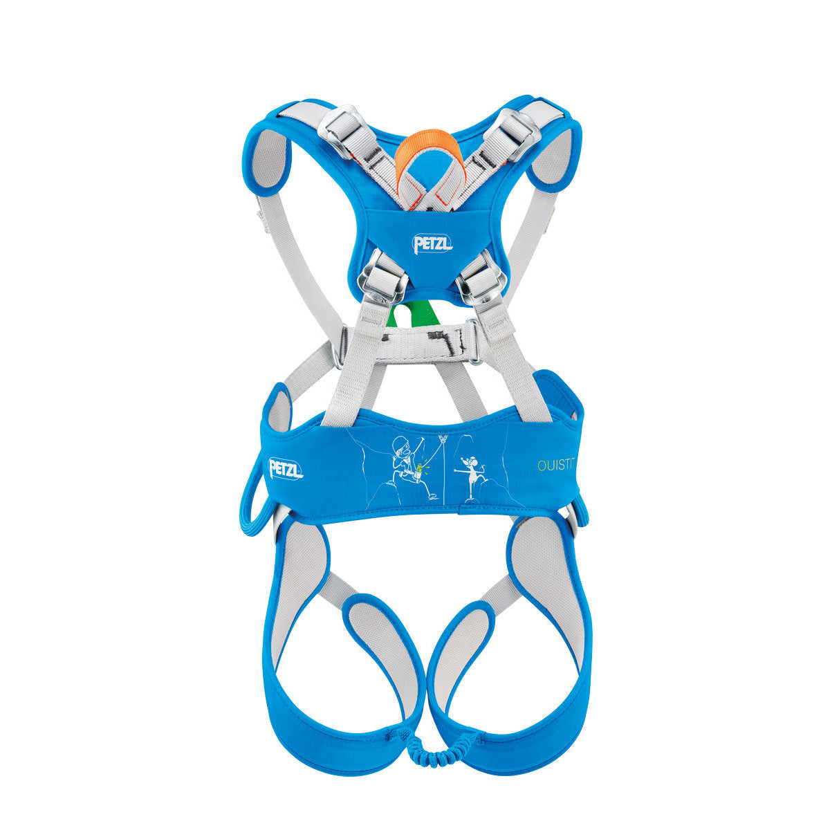 Petzl Ouistiti Kids Harness, rear view, in Blue and Grey colours