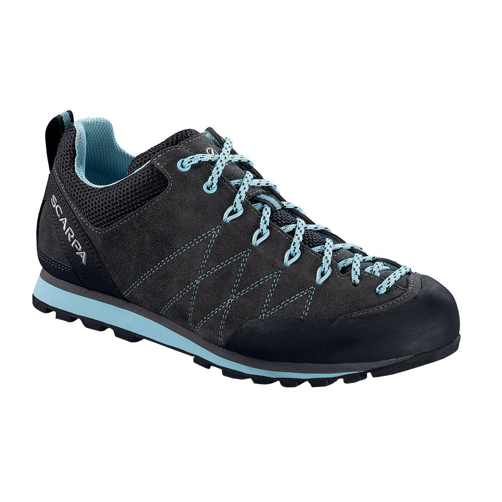 Scarpa Crux Womens approach shoe in black/blue colours, outer side view