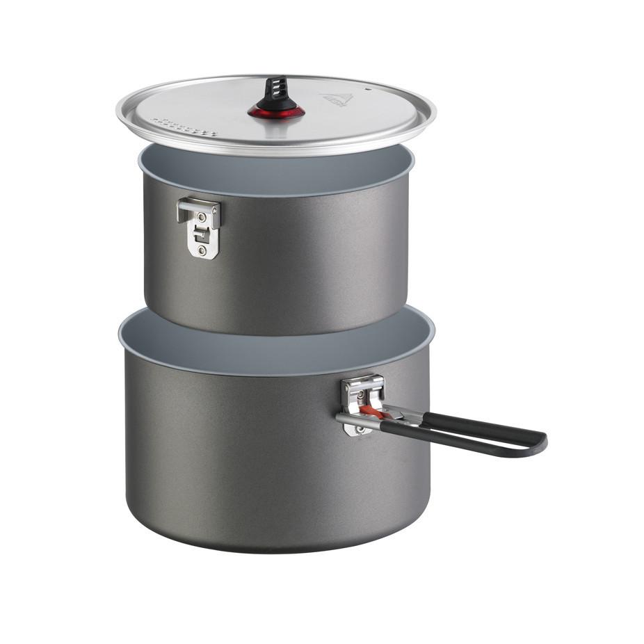 MSR Ceramic 2-Pot Set for camping, shown stacked on top of one another, in grey colour