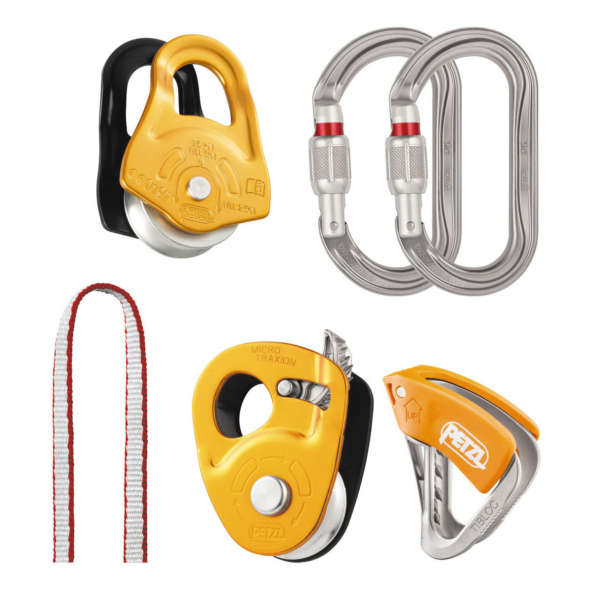 Petzl Crevasse Rescue Kit showing the Partner pulley in Light Orange, the 2 OK Oval Screwgates in silver, the new Tibloc with orange lever , 120cm Dyneema Sling in red, and Micro Traxion in light orange
