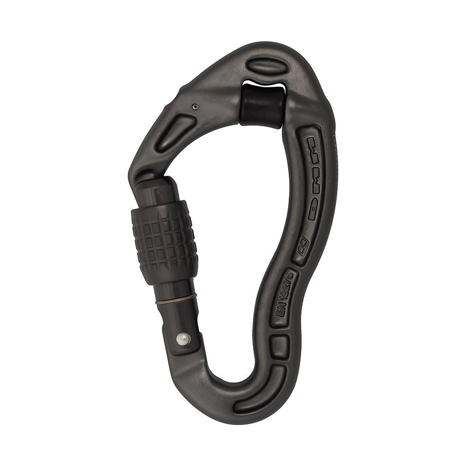 DMM Revolver Screwgate locking climbing carabiner, in gun metal grey with yellow screwlock 