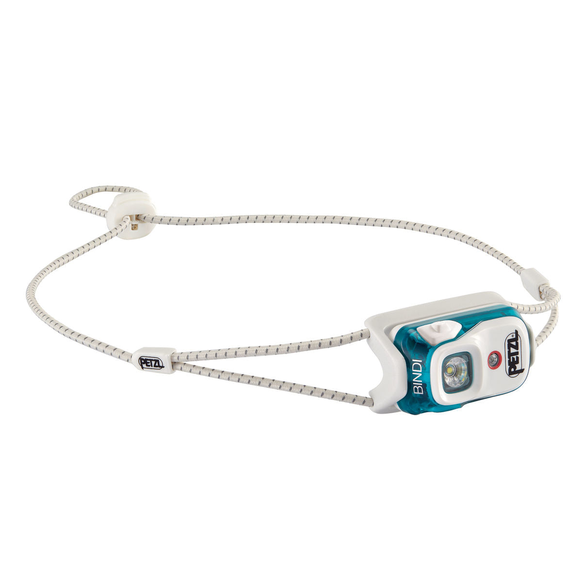 Petzl Bindi headlamp in turquoise colour with grey strap