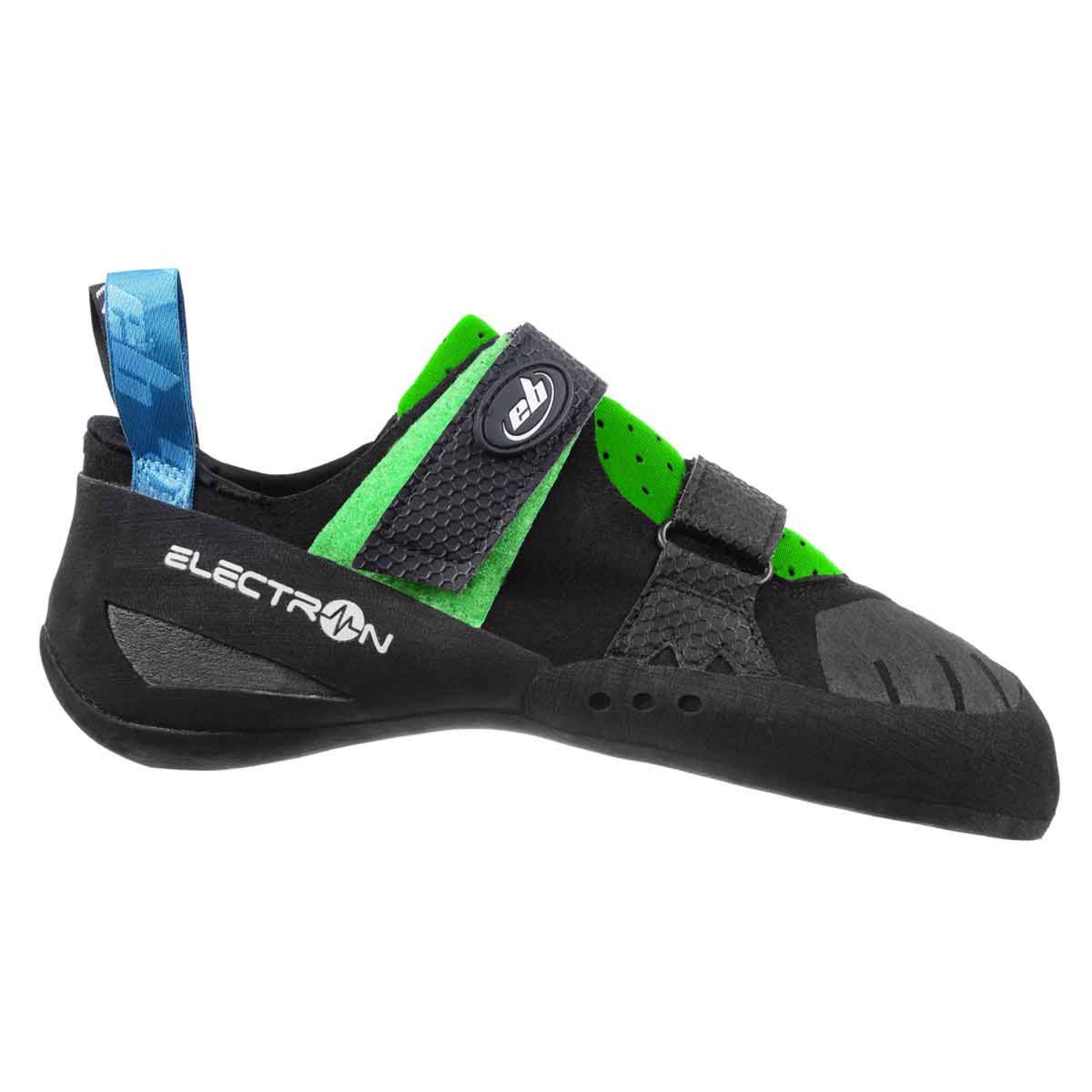 EB Electron climbing shoes from the side showing logo and straps